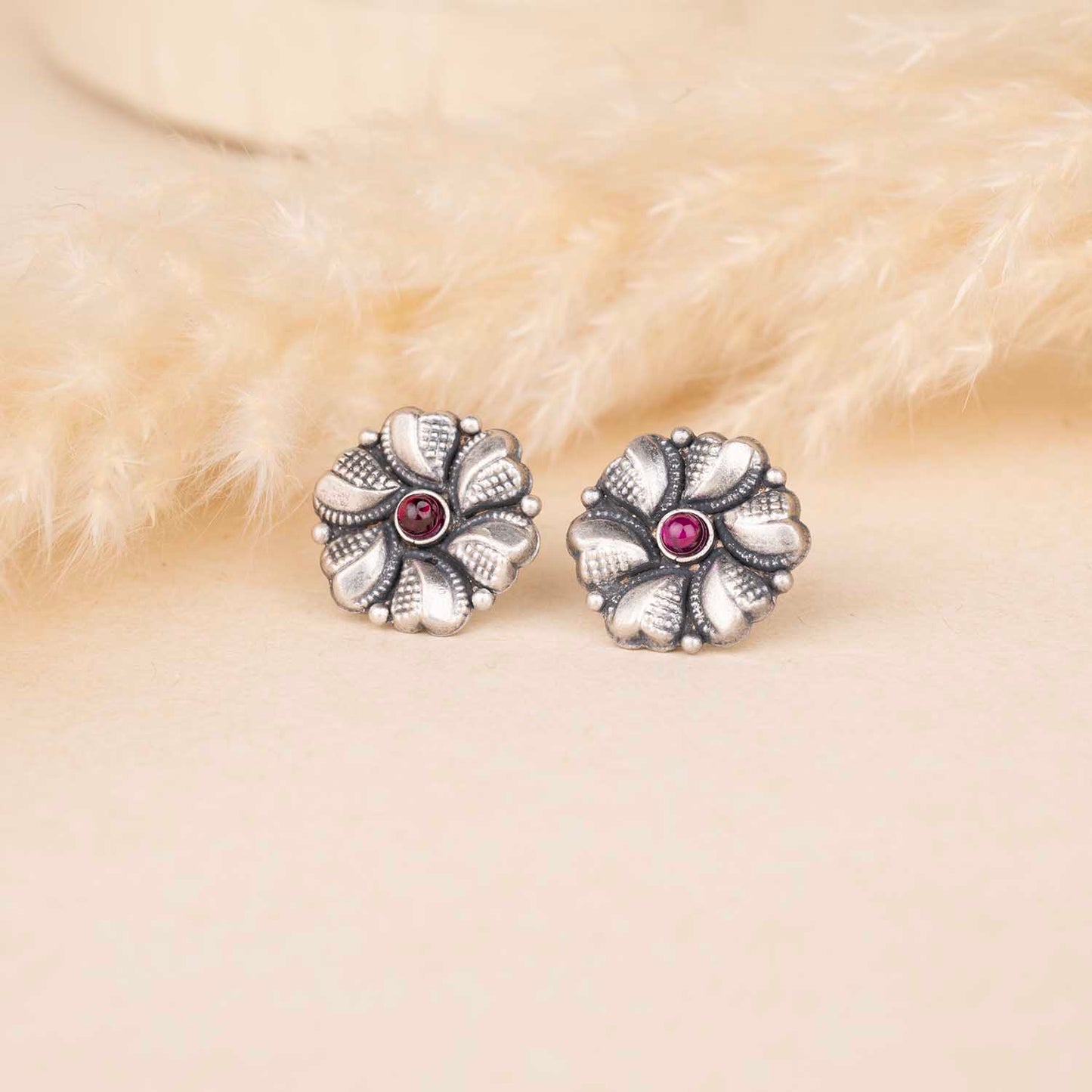 Silver Oxidised Floral Earrings
