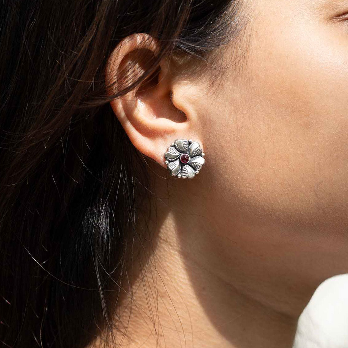 Silver Oxidised Floral Earrings