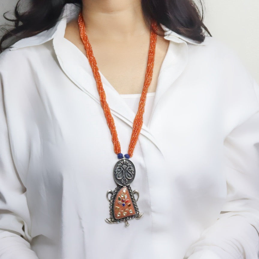 Beautiful oxidized silver necklace with intricate patterns and a vintage finish, offering a bold, antique look for statement styling.