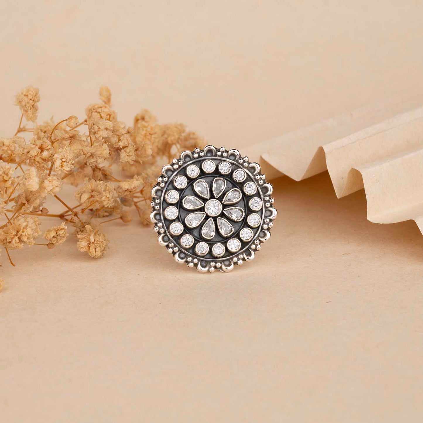 Oxidised Flower Silver Ring