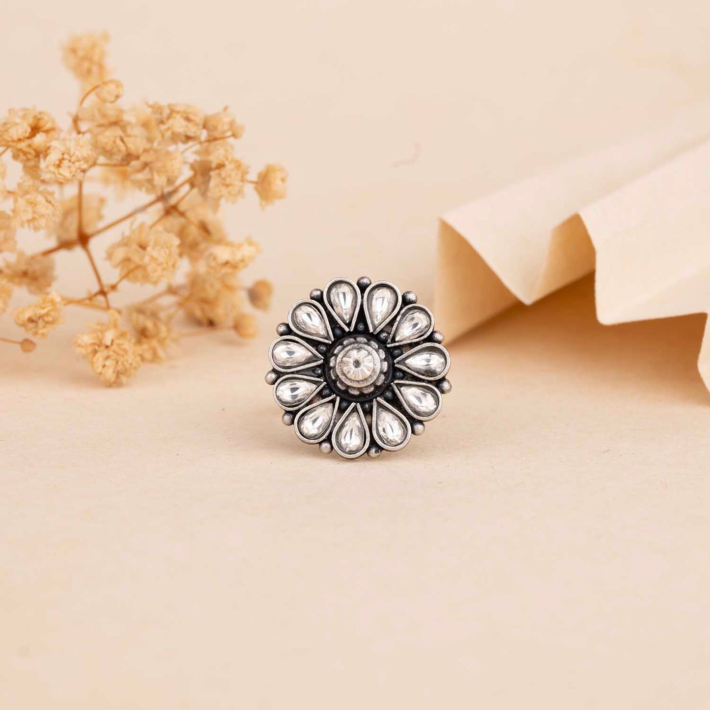 Oxidised Flower Silver Ring