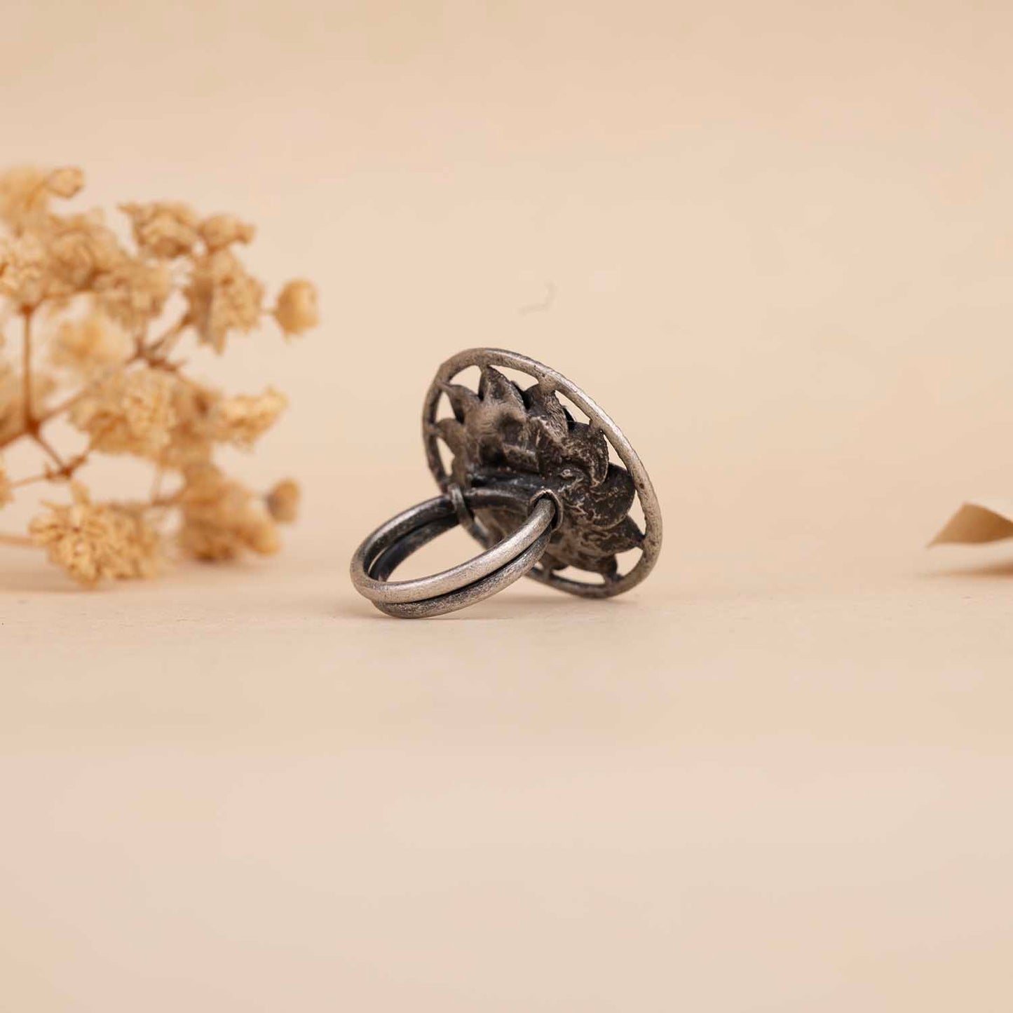 Silver Floral Oxidised Ring