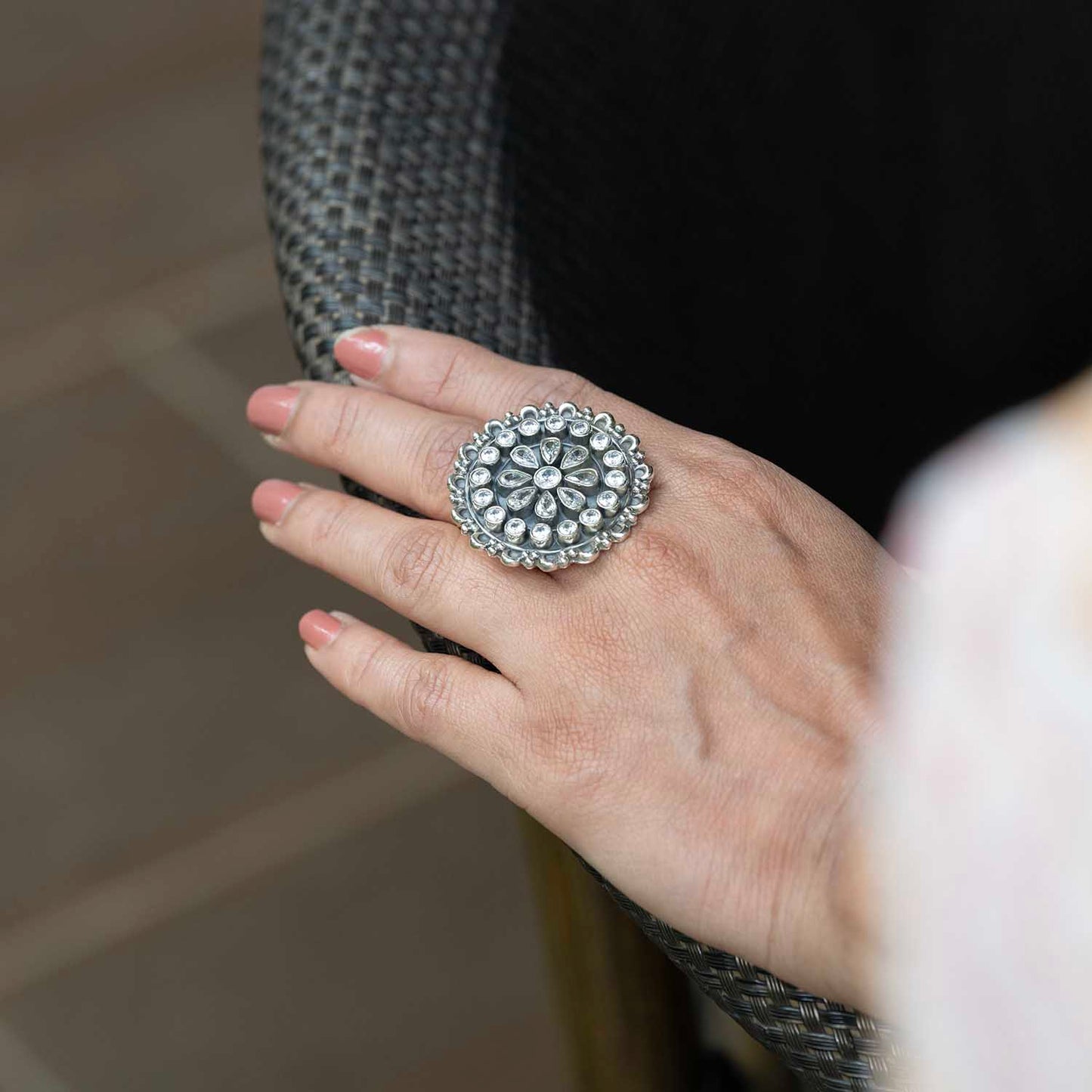 Oxidised Flower Silver Ring