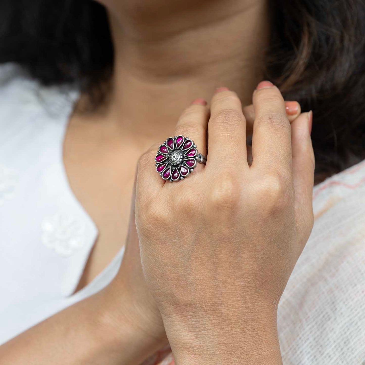 Oxidised Flower Silver Ring