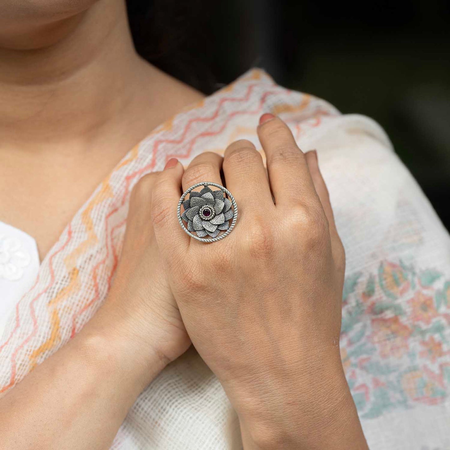 Silver Floral Oxidised Ring