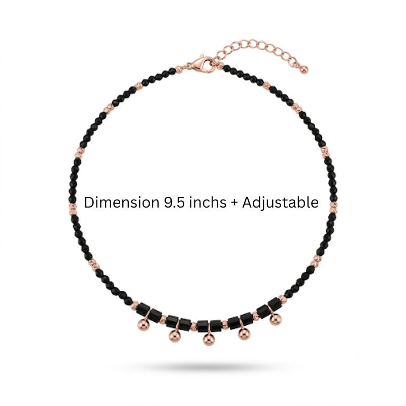 Rose Gold Black Beaded Anklet in 925 Sterling Silver