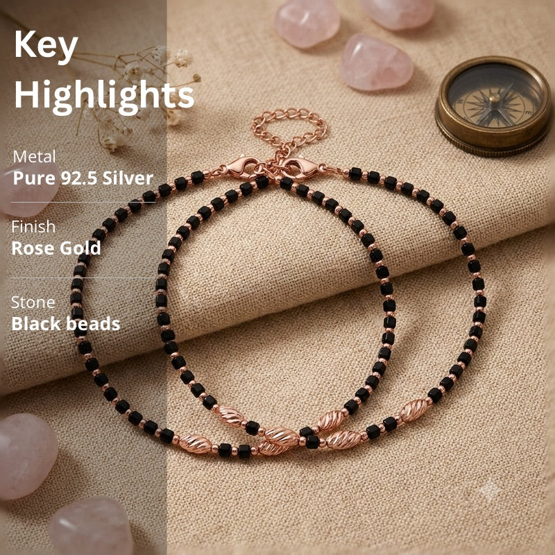 Black Beaded 925 Sterling Silver Anklet