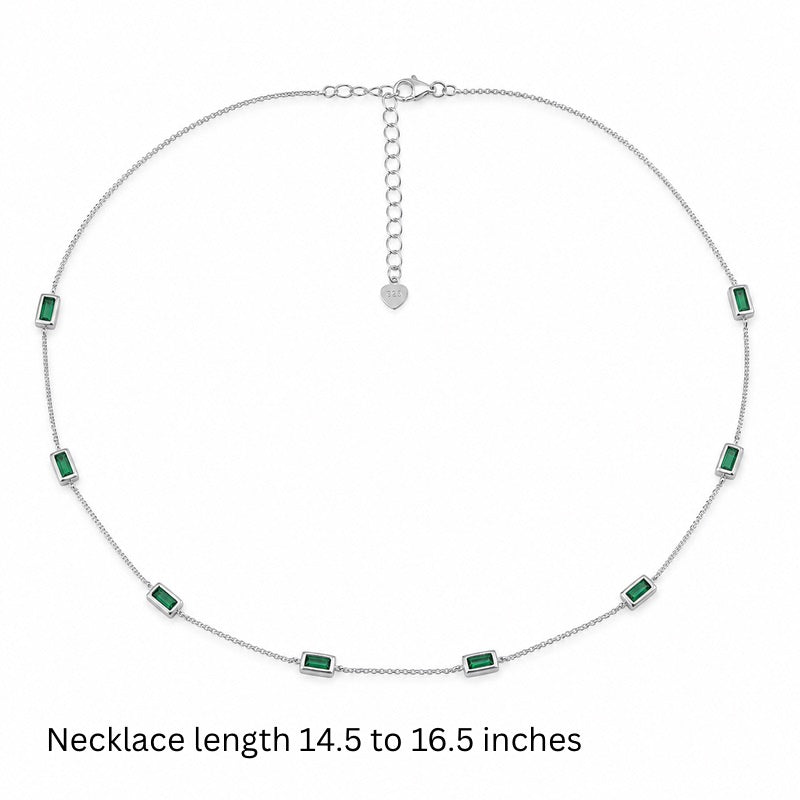 Emerald Baguette Station Necklace in 925 Sterling Silver