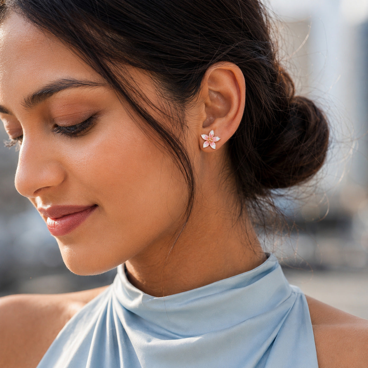 Pink Enamel Flower Stud Earrings in 925 Sterling Silver (Rose Gold Plated)