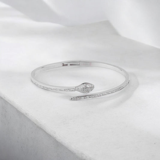 Stylish silver bracelet with a snake design, featuring a sleek and modern look perfect for women seeking a unique and elegant accessory