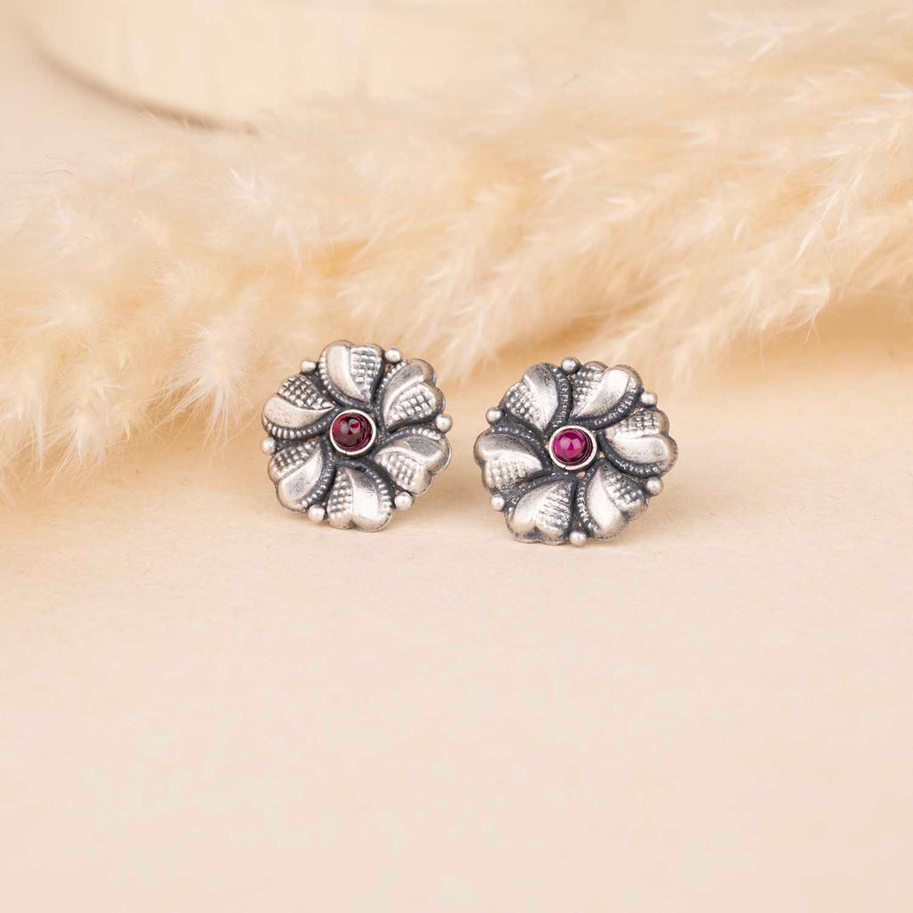 Silver Oxidised Floral Earrings
