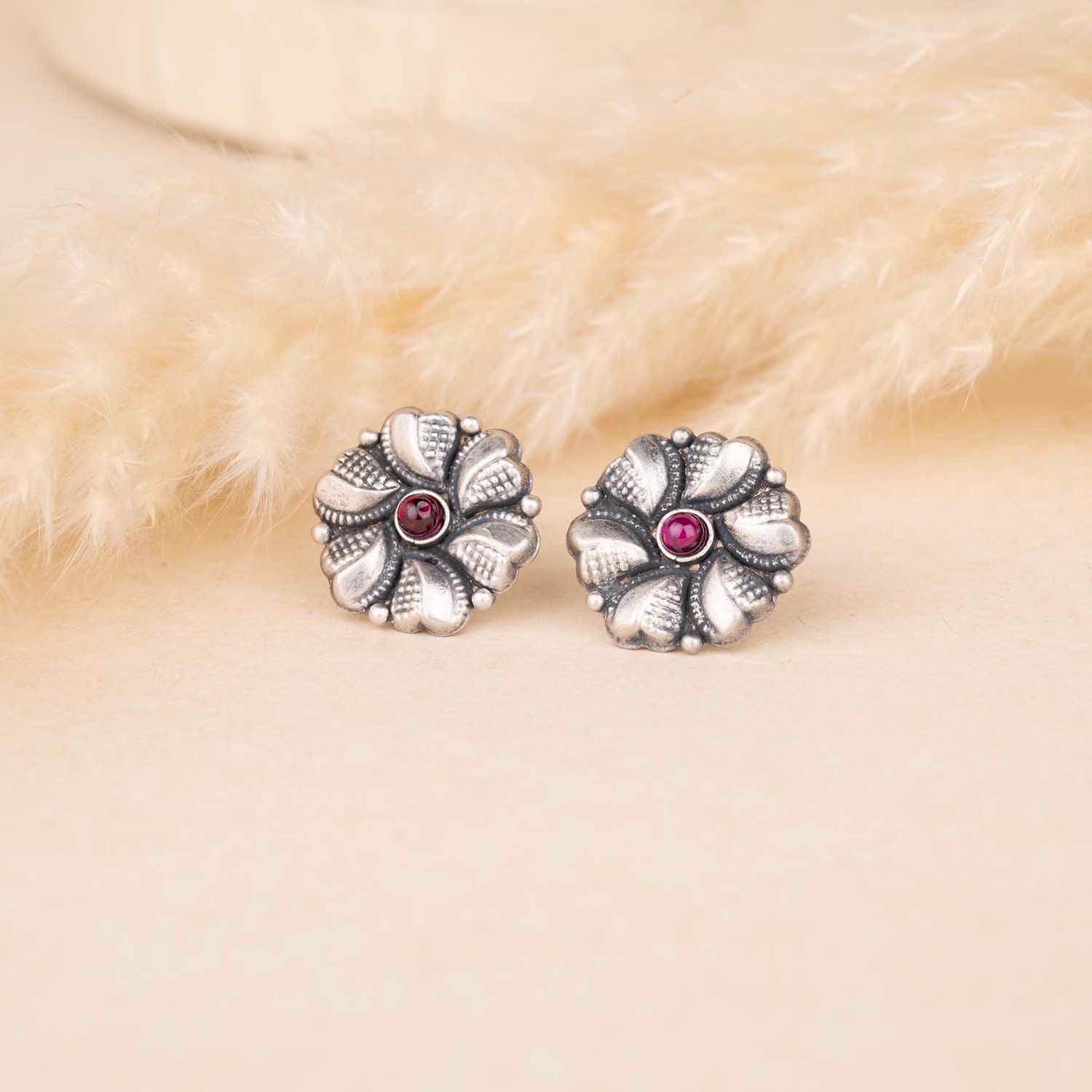 Silver Oxidised Floral Earrings