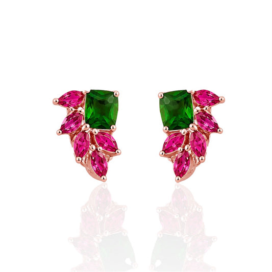 Emerald & Pink Floral Stud Earrings in 925 Sterling Silver