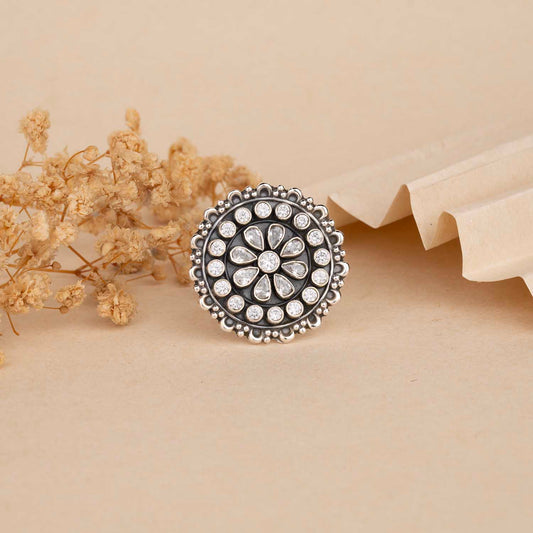 Oxidised Flower Silver Ring