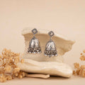 Pair of silver earrings on a decorative stone with dried flowers around jhumka
