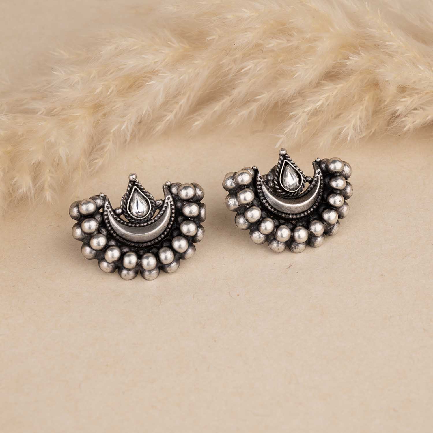 Oxidised Moon Silver Earrings