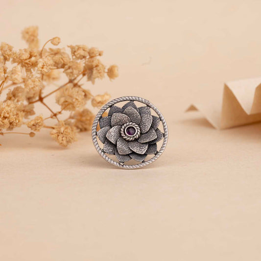 Silver Floral Oxidised Ring