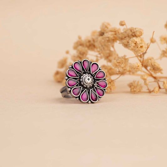 Oxidised Flower Silver Ring
