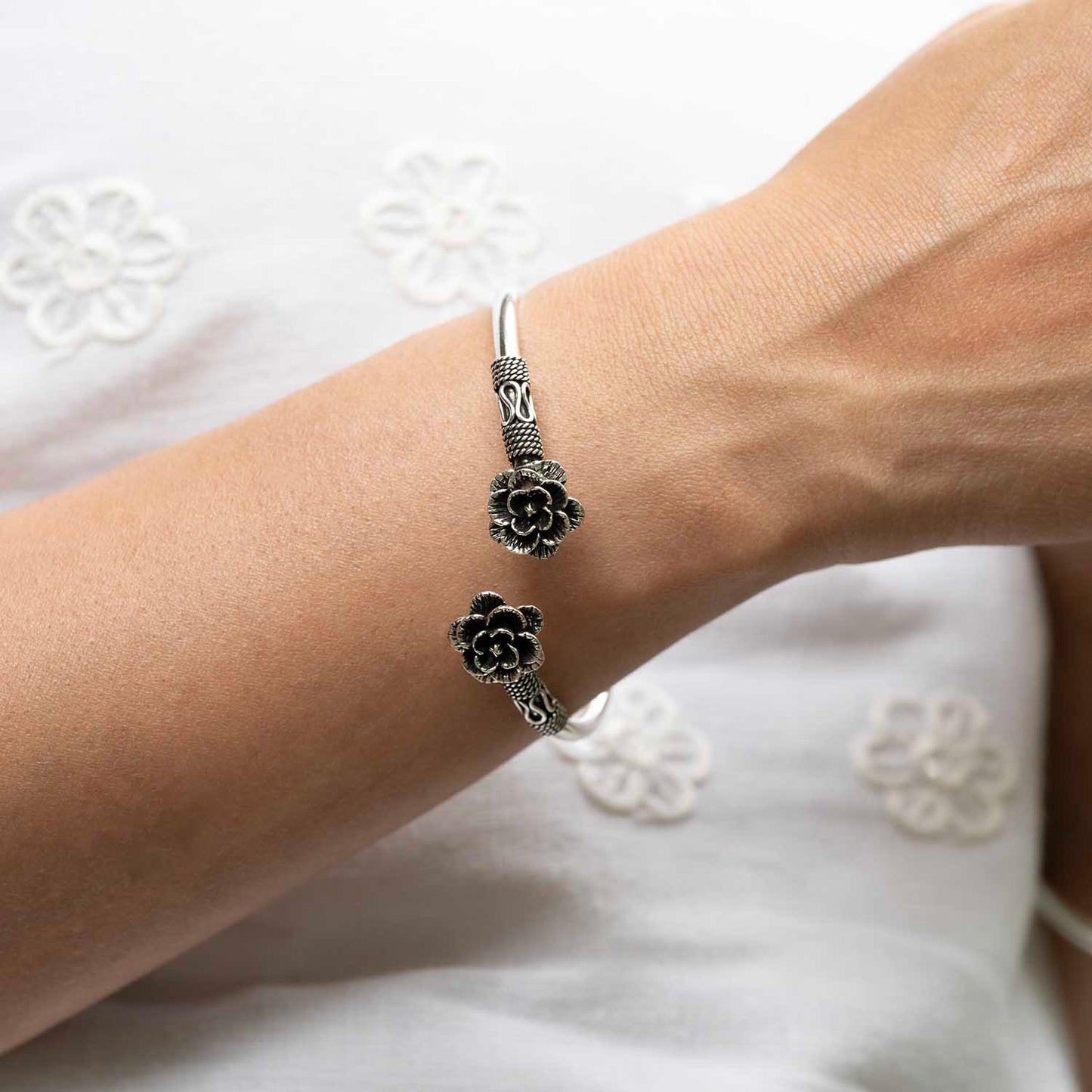 Silver oxidised Flower Cuff