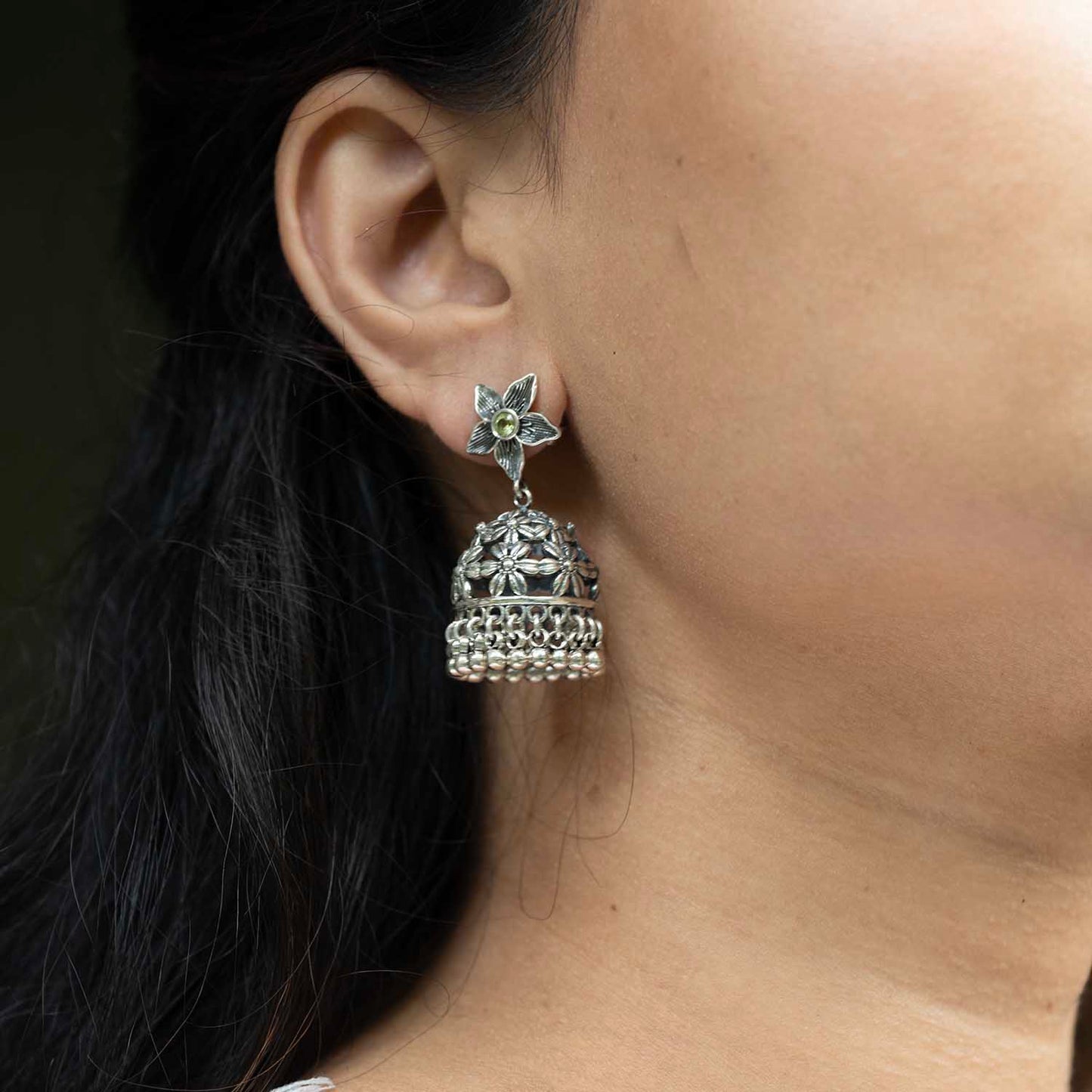 Silver Floral Jhumka