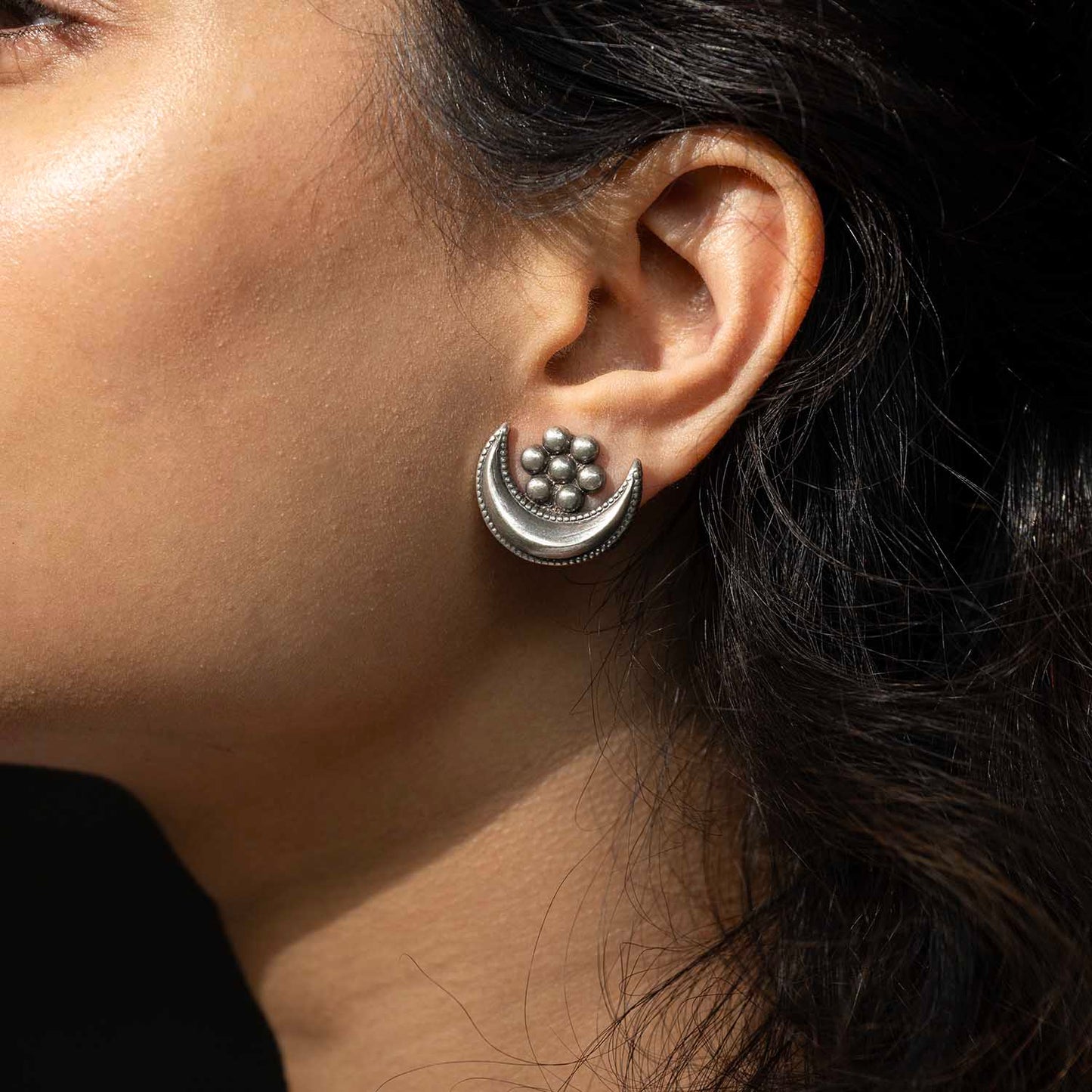 Oxidised Moon Silver Earrings