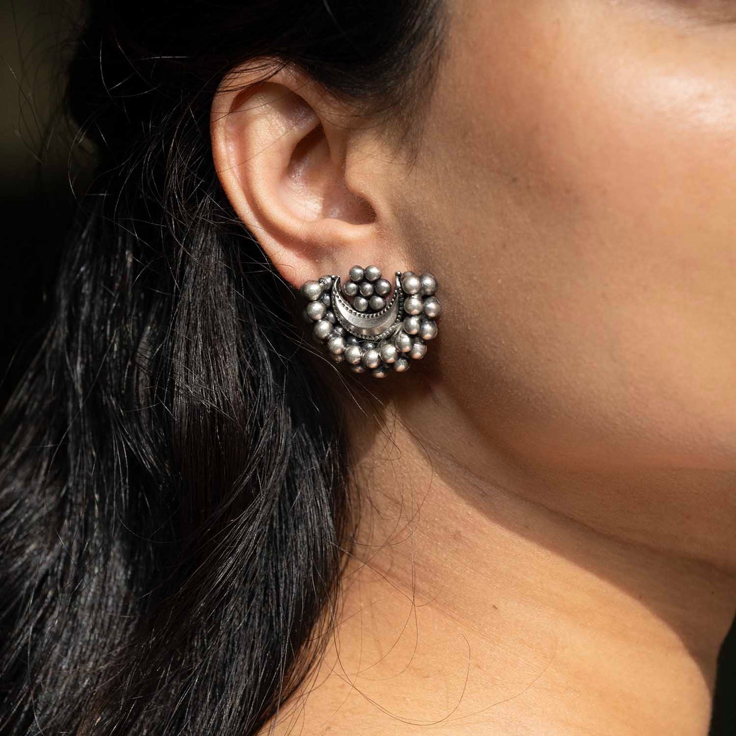 Oxidised Moon Silver Earrings