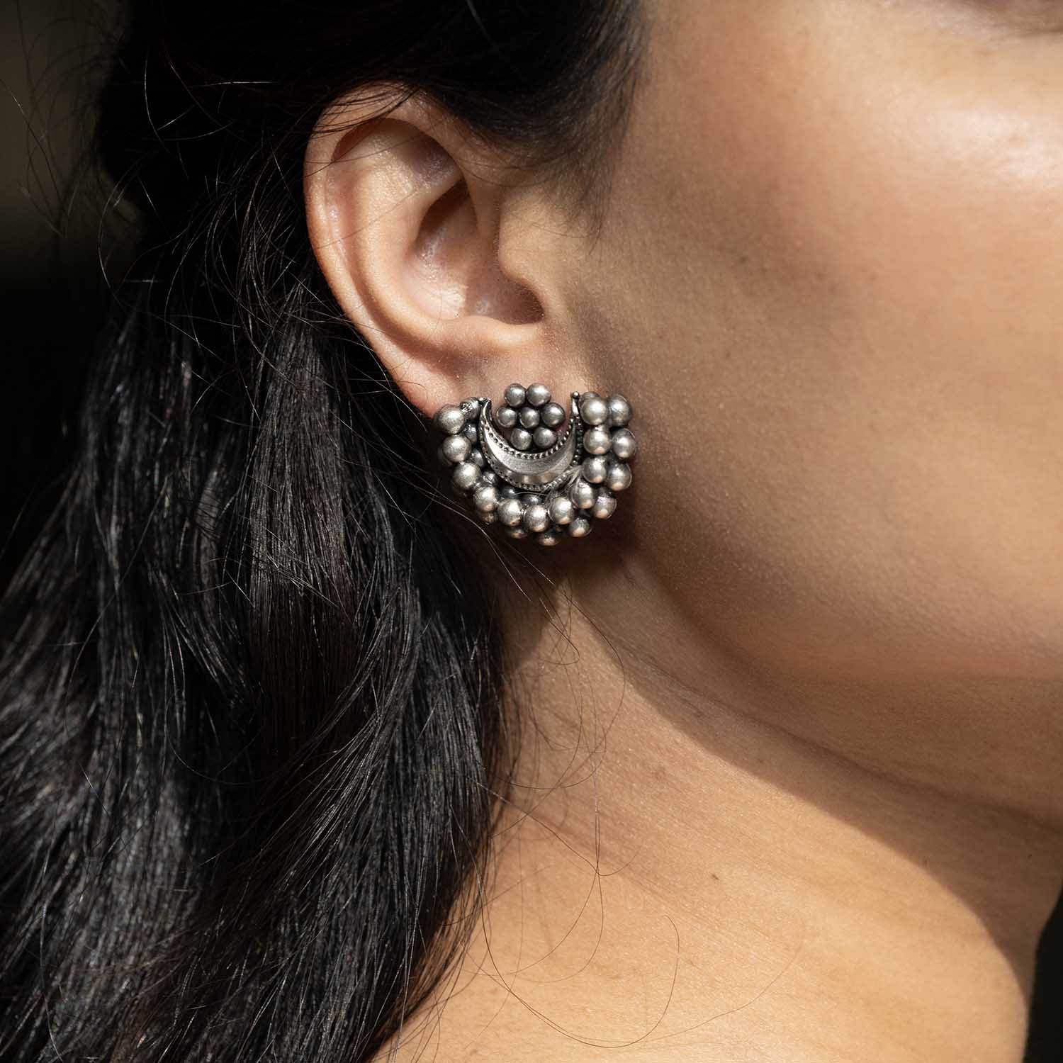 Oxidised Moon Silver Earrings