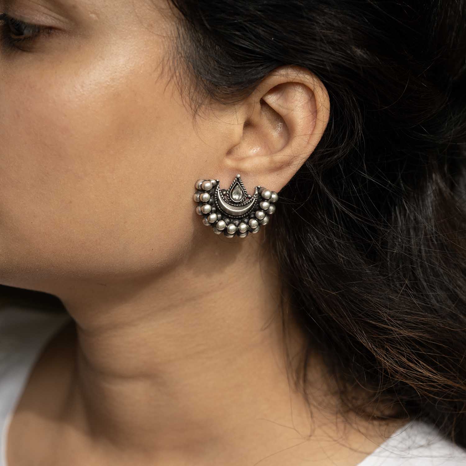 Oxidised Moon Silver Earrings