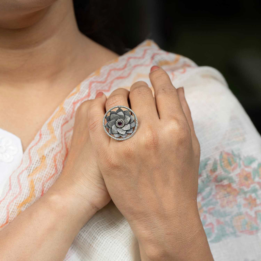 Silver Floral Oxidised Ring