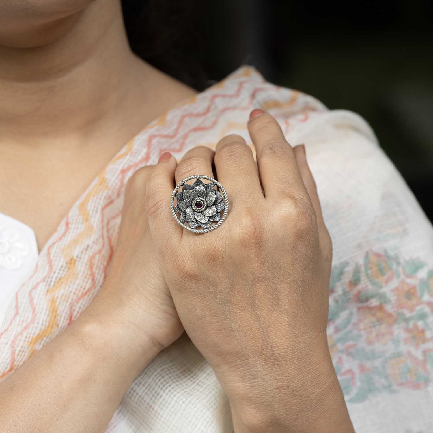 Silver Floral Oxidised Ring