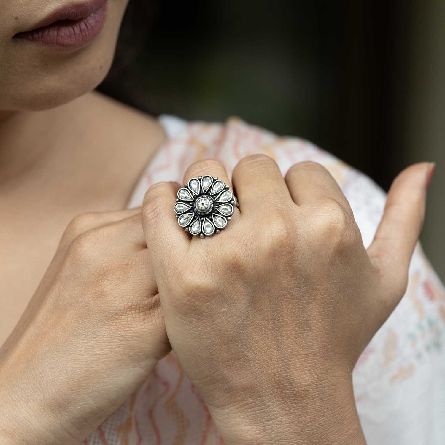 Oxidised Flower Silver Ring