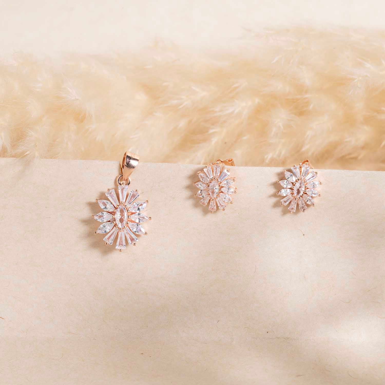 Floral Rose Gold Pendant & Earrings Set