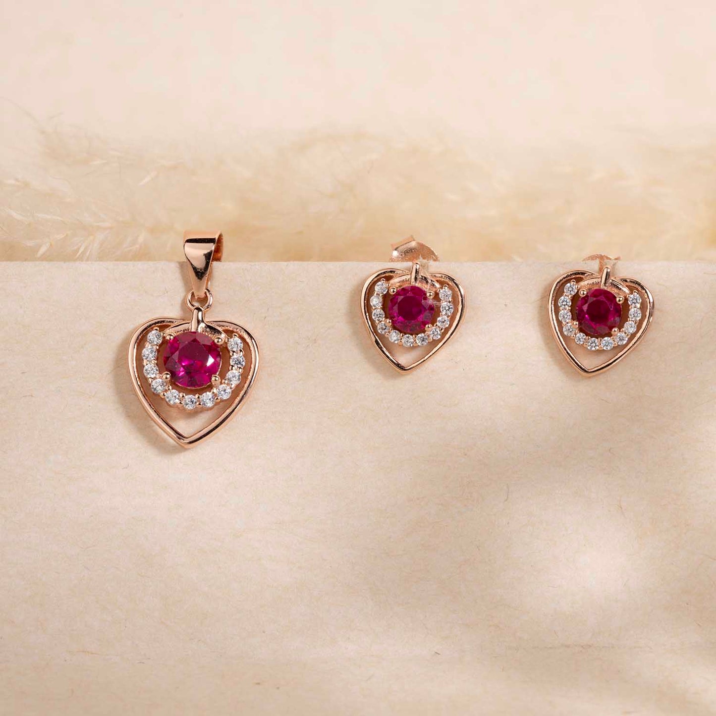 Rose Gold Heart Pendant & Earrings Set