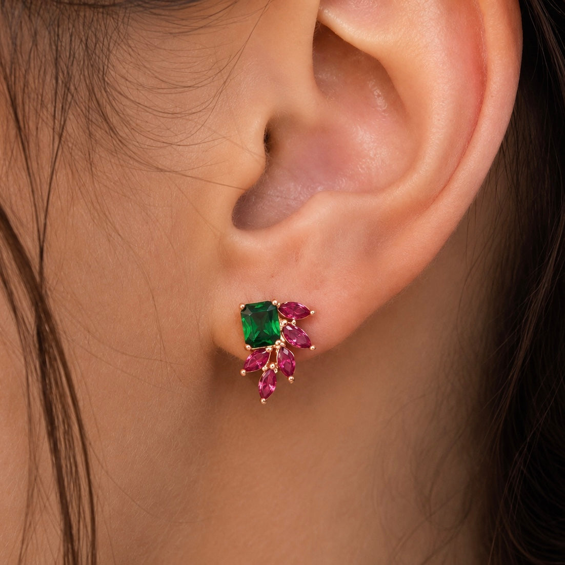 Emerald & Pink Floral Stud Earrings in 925 Sterling Silver