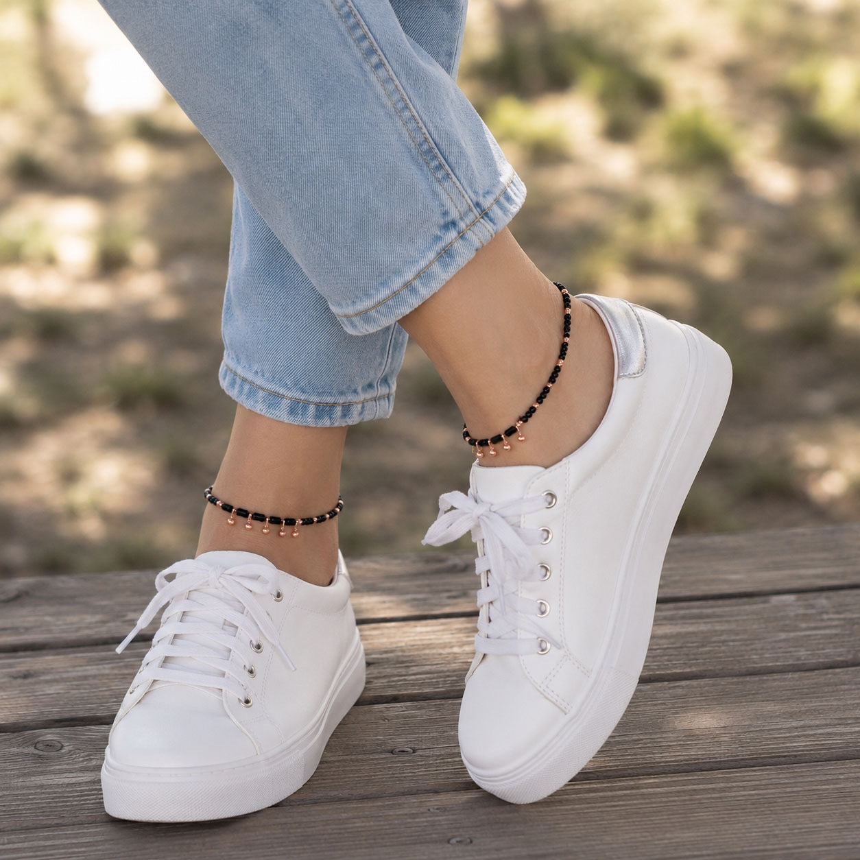 Rose Gold Black Beaded Anklet in 925 Sterling Silver
