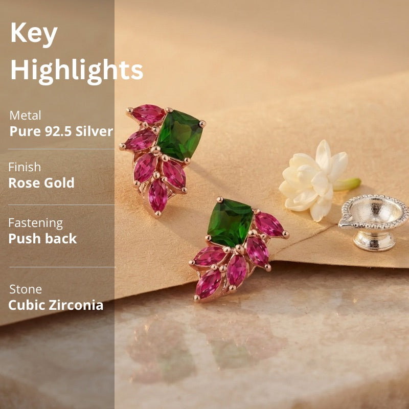 Emerald & Pink Floral Stud Earrings in 925 Sterling Silver