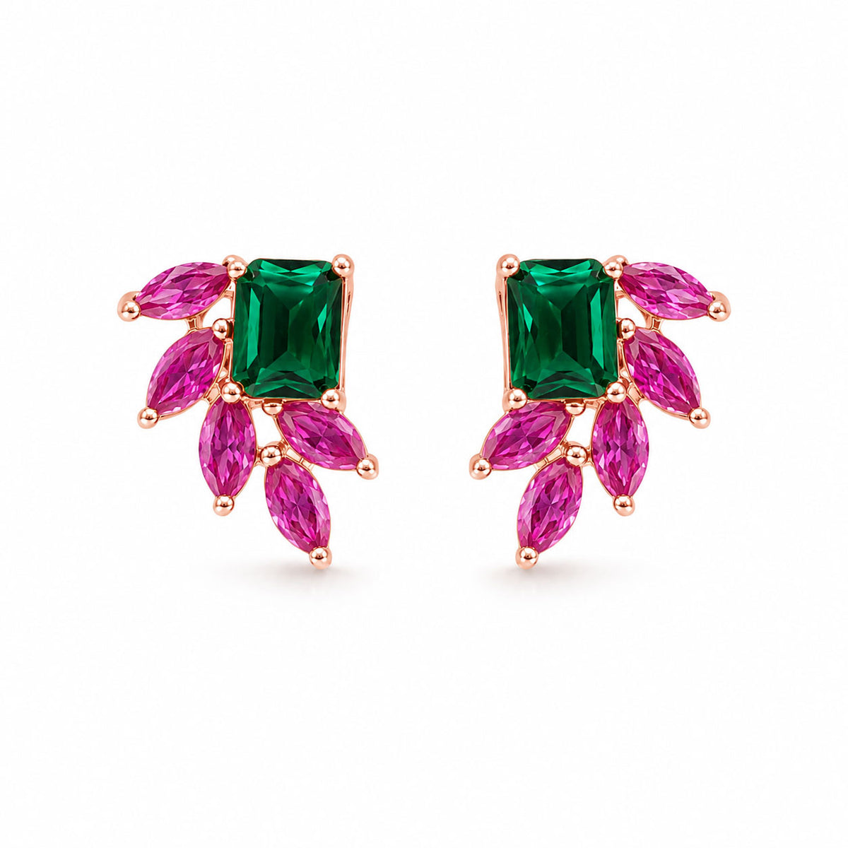 Emerald & Pink Floral Stud Earrings in 925 Sterling Silver