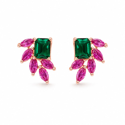 Emerald & Pink Floral Stud Earrings in 925 Sterling Silver