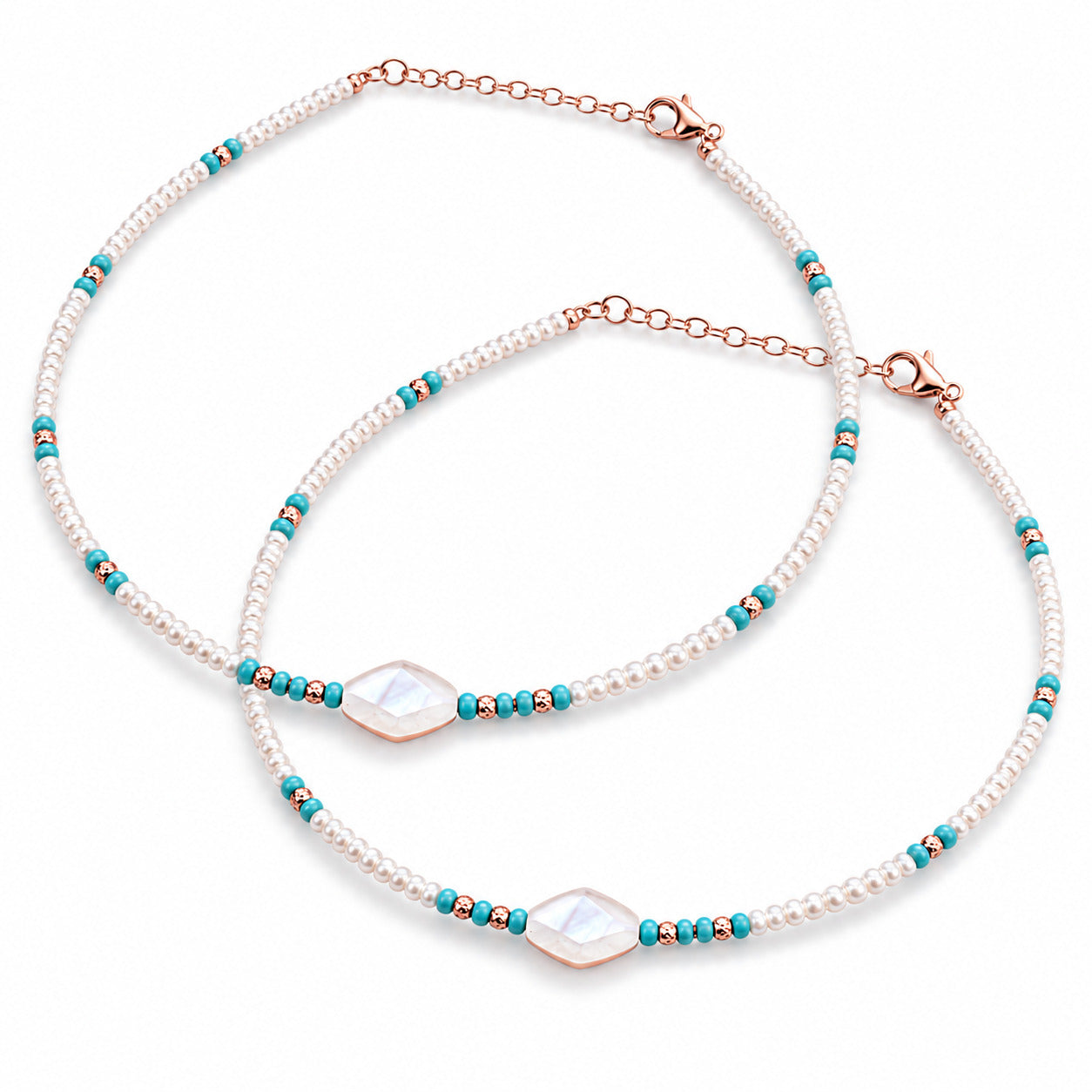 Rose Gold Pearl, Turquoise Beaded Anklet in 925 Sterling Silver