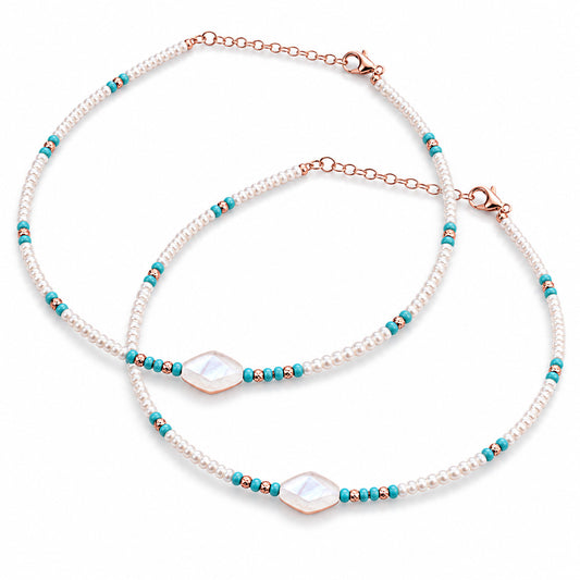 Rose Gold Pearl, Turquoise Beaded Anklet in 925 Sterling Silver