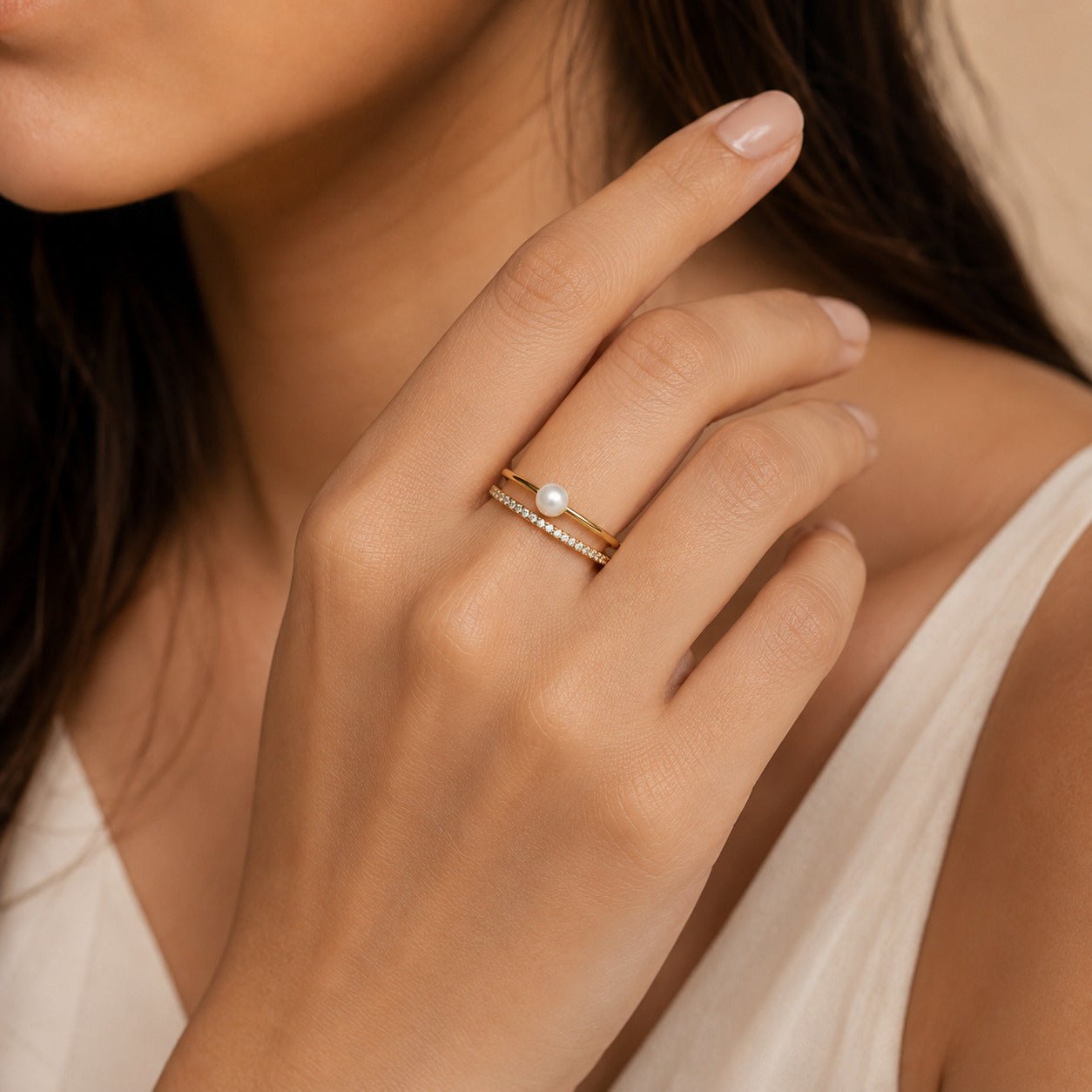 Gold 2 Lines Pearl & CZ Adjustable Ring