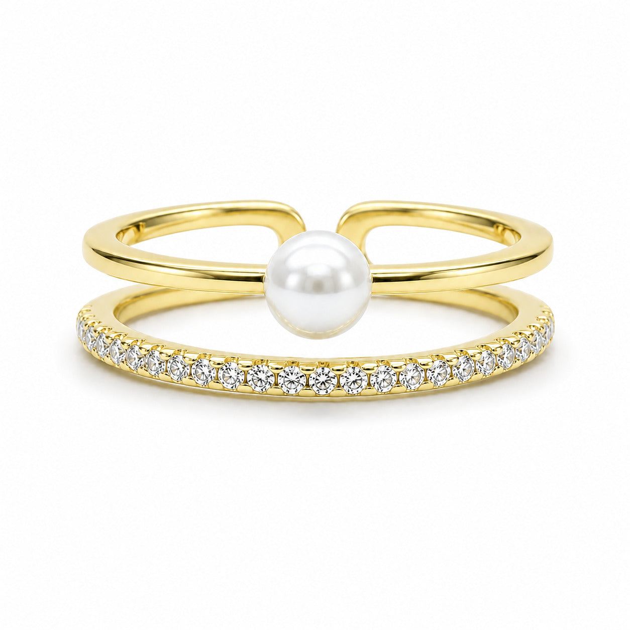 Gold 2 Lines Pearl & CZ Adjustable Ring