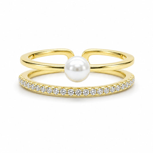 Gold 2 Lines Pearl & CZ Adjustable Ring
