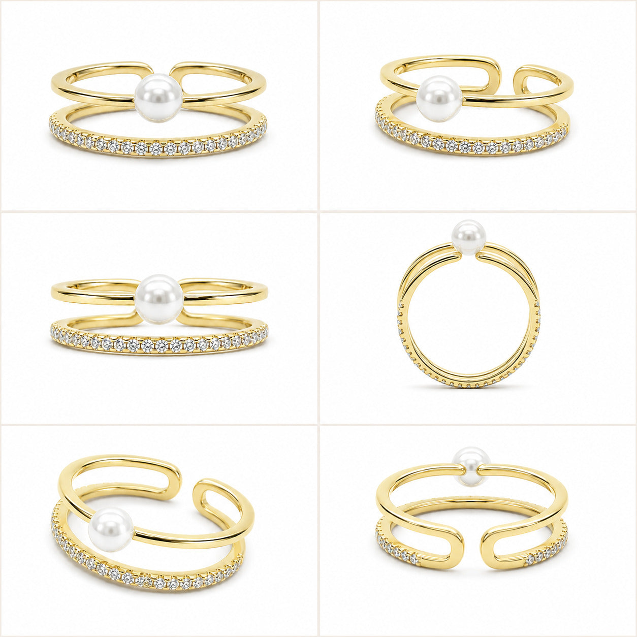 Gold 2 Lines Pearl & CZ Adjustable Ring