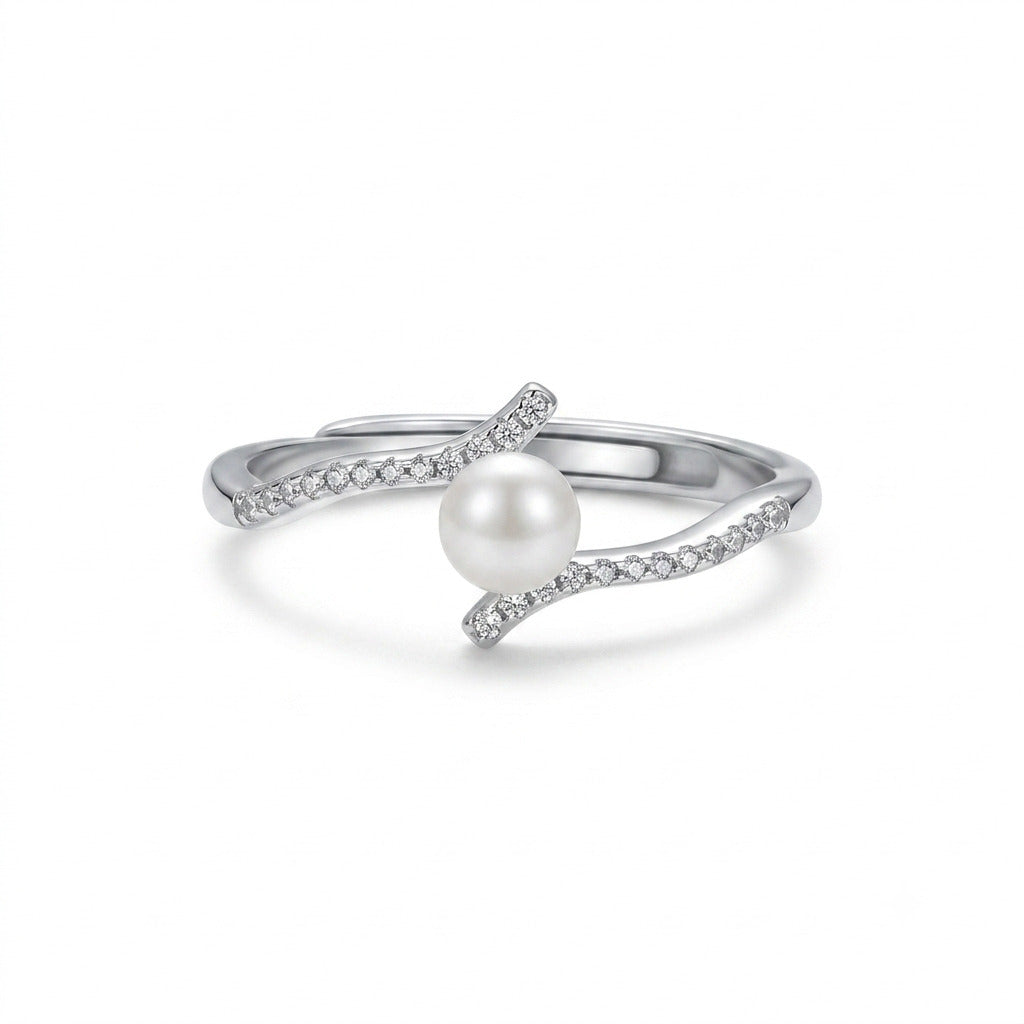 Silver Pearl Adjustable Ring in 925 Sterling Silver