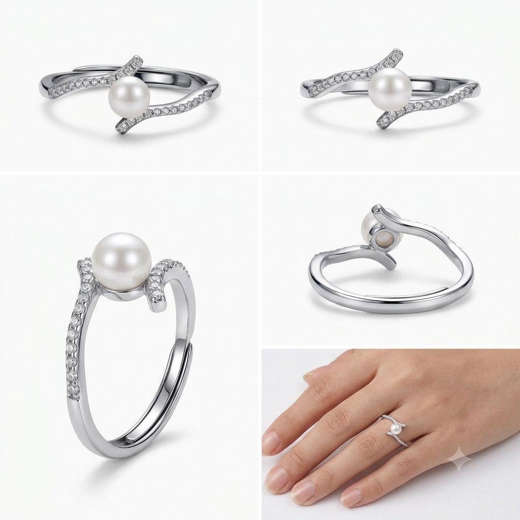 Silver Pearl Adjustable Ring in 925 Sterling Silver