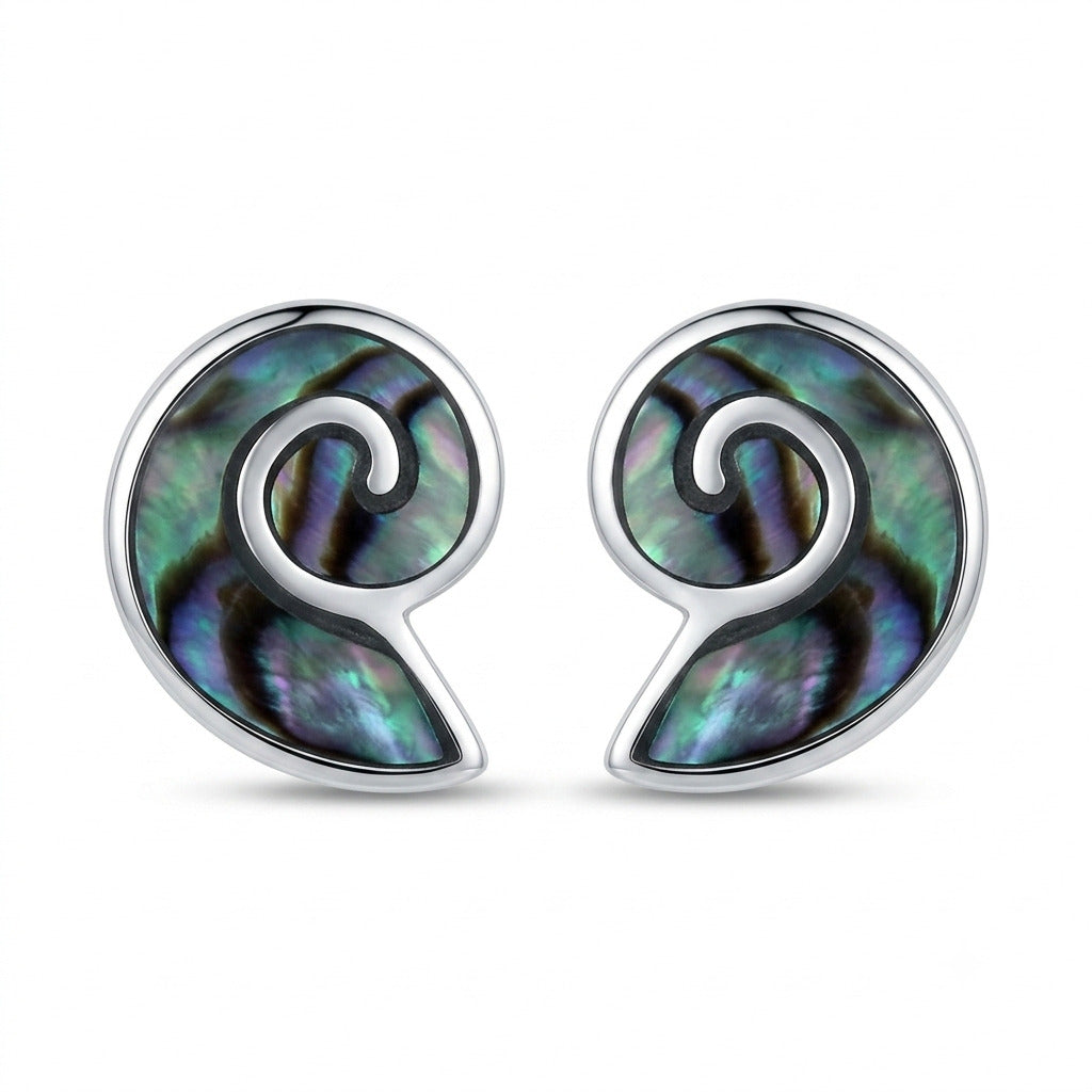 Abalone Shell Nautilus Stud Earrings in 925 Sterling Silver