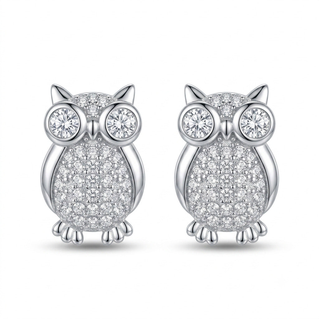 Owl CZ Stud Earrings in 925 Sterling Silver