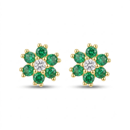 Emerald Green Flower Stud Earrings in 925 Sterling Silver (Gold Plated)