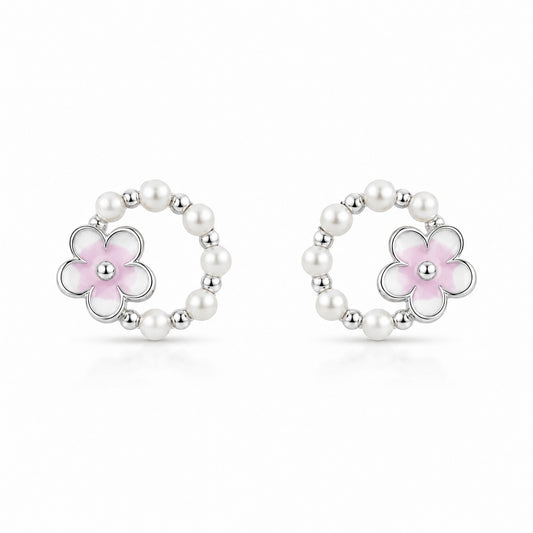 Pearl Blossom Circle Stud Earrings in 925 Sterling Silver